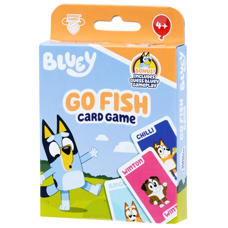 Load image into Gallery viewer, Bluey Go Fish Card Game - Front of packaging with art of Bluey and images of sample cards. Box indicates it is for ages 4+.
