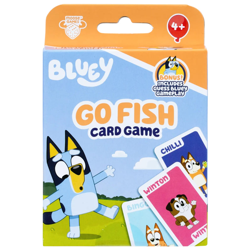 Load image into Gallery viewer, Bluey Go Fish Card Game - Front of packaging with art of Bluey and images of sample cards. Box indicates it is for ages 4+.
