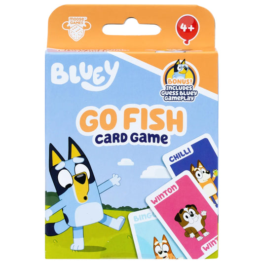 Bluey Go Fish Card Game - Front of packaging with art of Bluey and images of sample cards. Box indicates it is for ages 4+.