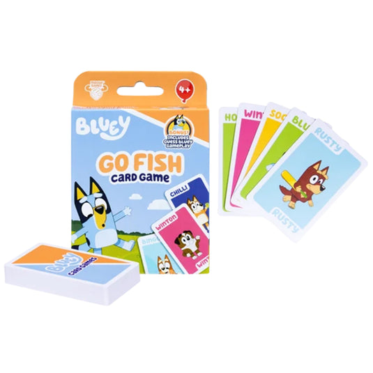 Bluey Go Fish Card Game - Packaging and sample cards displayed. Each card features art of a Bluey character.