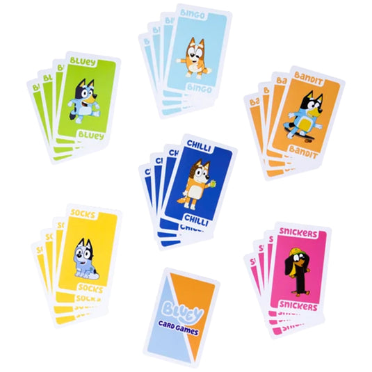 Bluey Go Fish Card Game - sample cards displayed in green, light blue, dark blue, yellow, orange and pink. Each hand of cards features art of different Bluey characters.