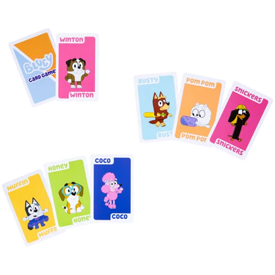 Bluey Go Fish Card Game - sample cards displayed including Winton, Rusty, Snickers, Muffin, Honey, and Coco cards. 