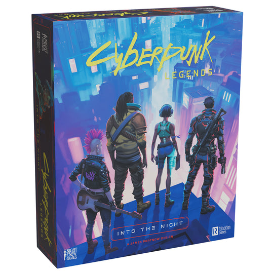 Cyberpunk Legends: Into the Night - Front of box featuring art of Cyberpunk characters standing on a rooftop overlooking a city-scape. 