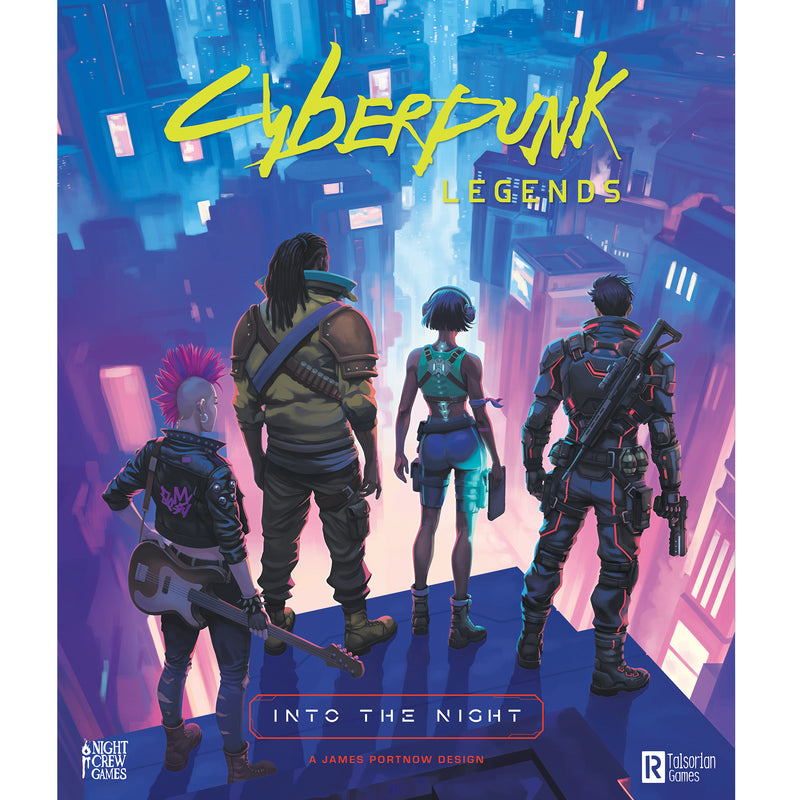 Load image into Gallery viewer, Cyberpunk Legends: Into the Night - Front of box featuring art of Cyberpunk characters standing on a rooftop overlooking a city-scape. 
