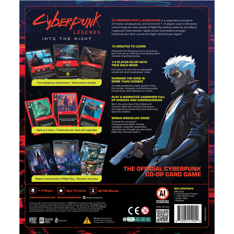 Load image into Gallery viewer, Cyberpunk Legends: Into the Night - Back of box with game overview, contents list, and images of sample game cards. Box lists it is for ages 14+ and 1 to 4 players.
