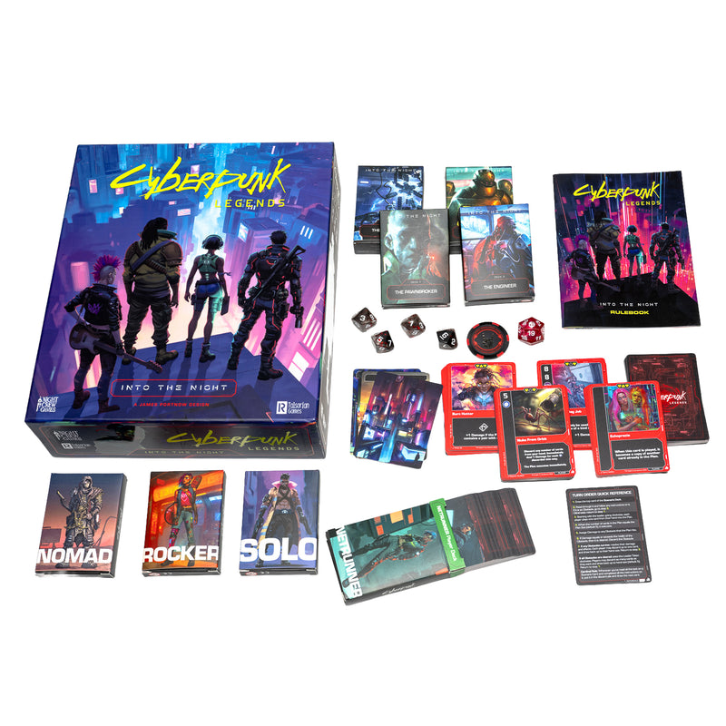 Load image into Gallery viewer, Cyberpunk Frontier board game set displayed on a white background, including the main box, character cards, action cards, dice, tokens, and other game components.
