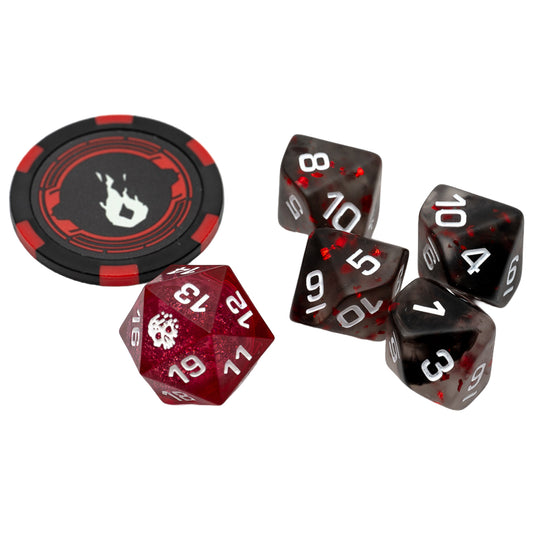 A set of red and black sparkly polyhedral gaming dice with white numbering, including a red d20 and several black d10s, alongside a black and red gaming chip on a white background.