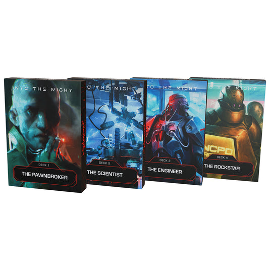 Cyberpunk Legends: Into the Night - Four deck boxes including 'The Pawnbroker' and 'The Scientist' decks. 
