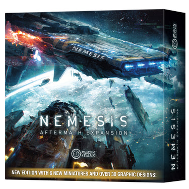 Nemesis: Aftermath Board Game Expansion - front of box with art of space ships. 
