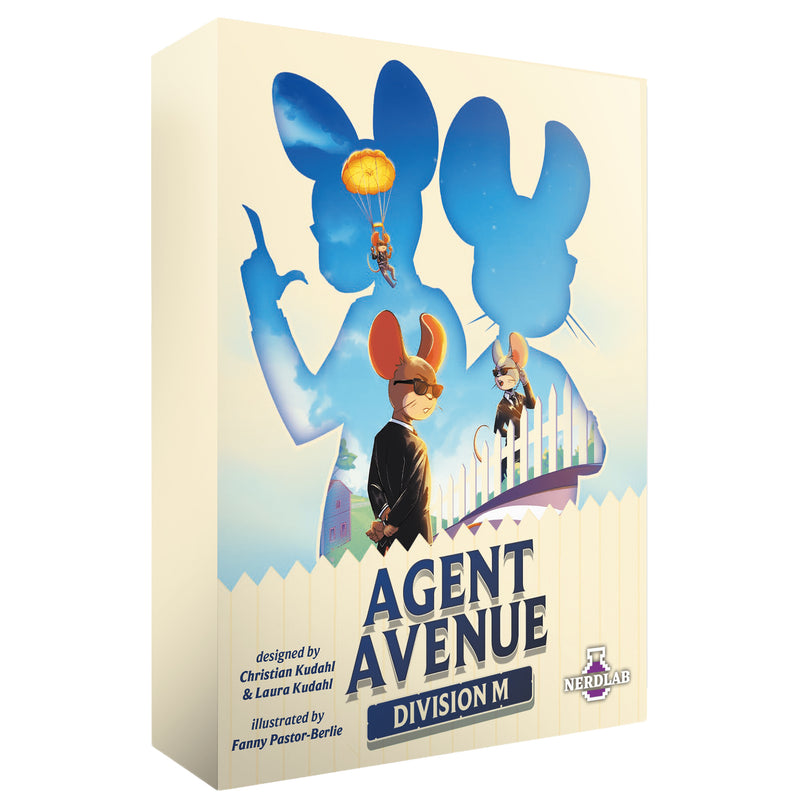 Load image into Gallery viewer, Agent Avenue - Division M Expansion - Front of box featuring cartoon art of mouse characters in suits and sunglasses. 
