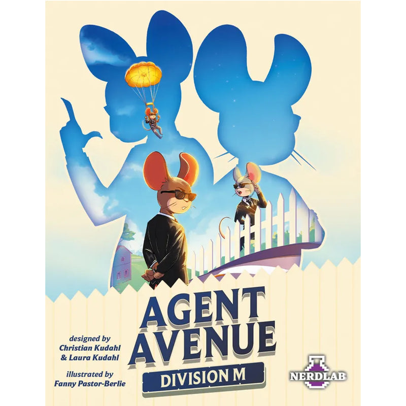 Load image into Gallery viewer, Agent Avenue - Division M Expansion - Front of box featuring cartoon art of mouse characters in suits and sunglasses. 
