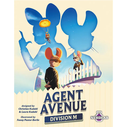 Agent Avenue - Division M Expansion - Front of box featuring cartoon art of mouse characters in suits and sunglasses. 