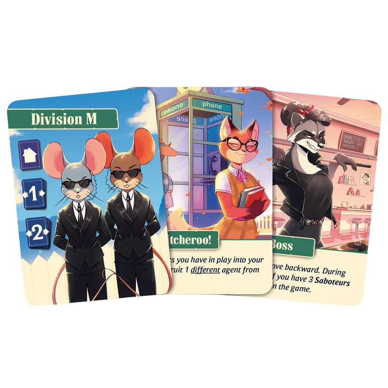 Load image into Gallery viewer, Agent Avenue - Division M Expansion - Sample cards displayed with different abilities listed.
