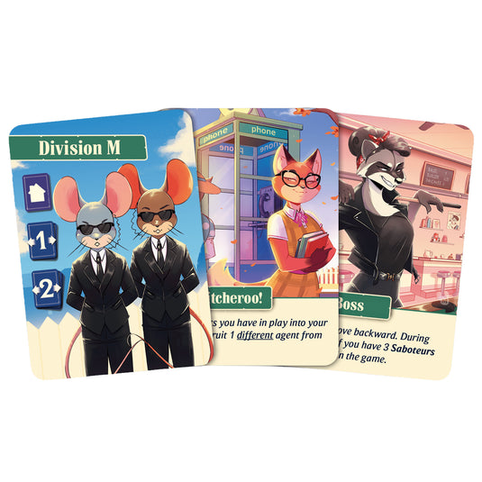 Agent Avenue - Division M Expansion - Sample cards displayed with different abilities listed.