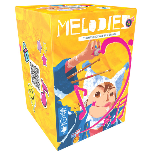 Melodies Card Game - Front of box featuring illustration of a person drawing music notes in pink. 