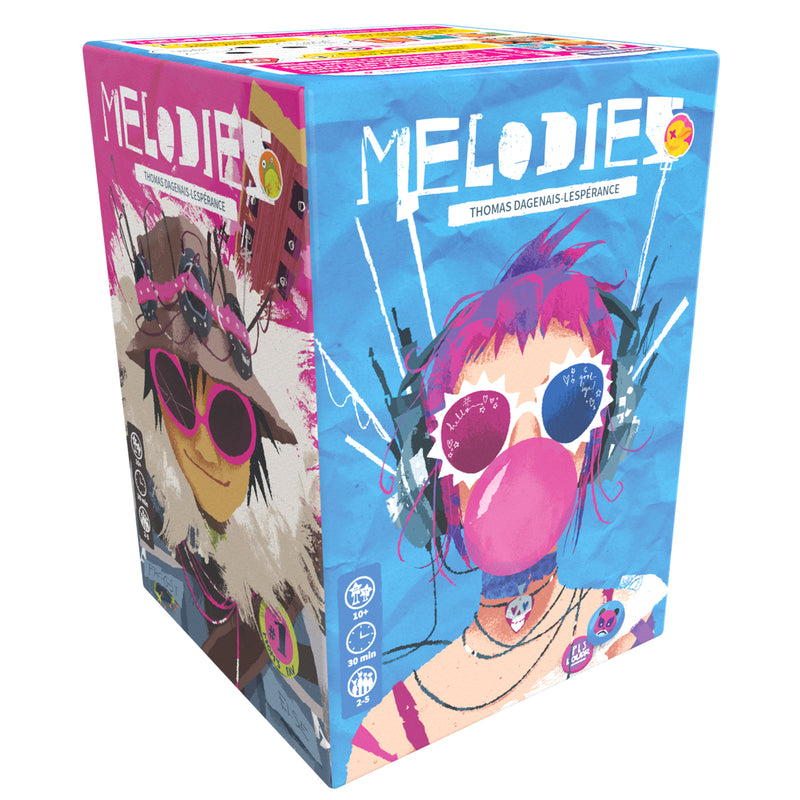 Load image into Gallery viewer, Melodies Card Game - Back of box featuring art of a person in sunglasses chewing bubble gum. Box lists game is for ages 10+ and 2 to 5 players.
