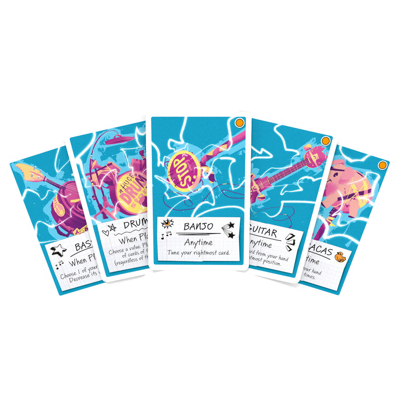 Load image into Gallery viewer, Melodies Card Game - Fan of sample instrument cards shown including banjo and guitar cards. 

