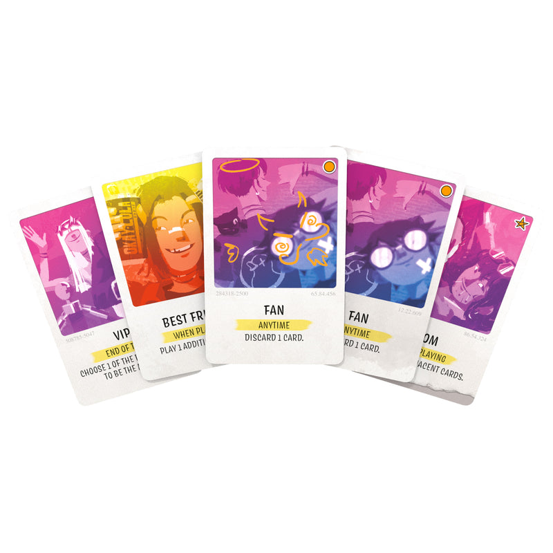 Load image into Gallery viewer, Melodies Card Game - Fan of sample audience member cards shown with different special actions. 
