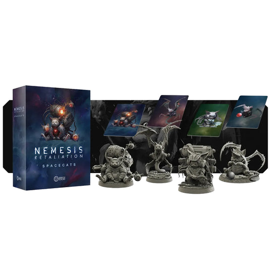 Nemesis Retaliation Spacecats - Box and game contents shown including spacecats miniatures and cards. 