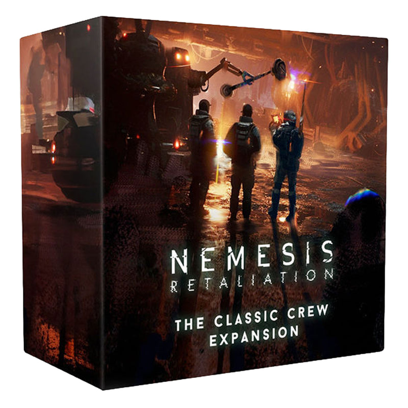 Load image into Gallery viewer, Nemesis Retaliation: The Classic Crew Expansion - Front of box featuring art of three workers standing next to a machine in a sci-fi setting. 
