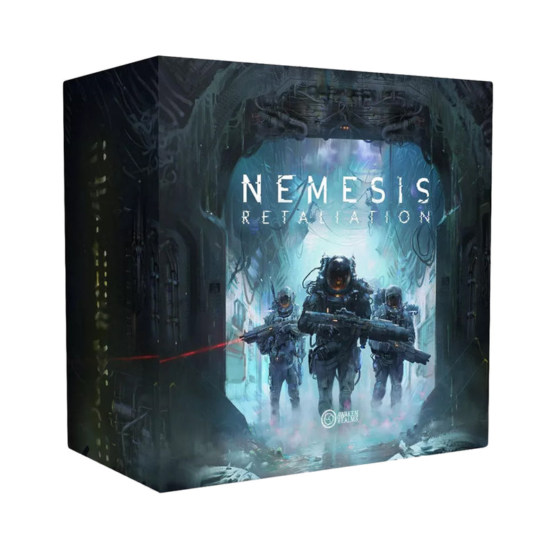Load image into Gallery viewer, Nemesis Retaliation Core Box - Front of box featuring art of people in space suits on a space ship. 
