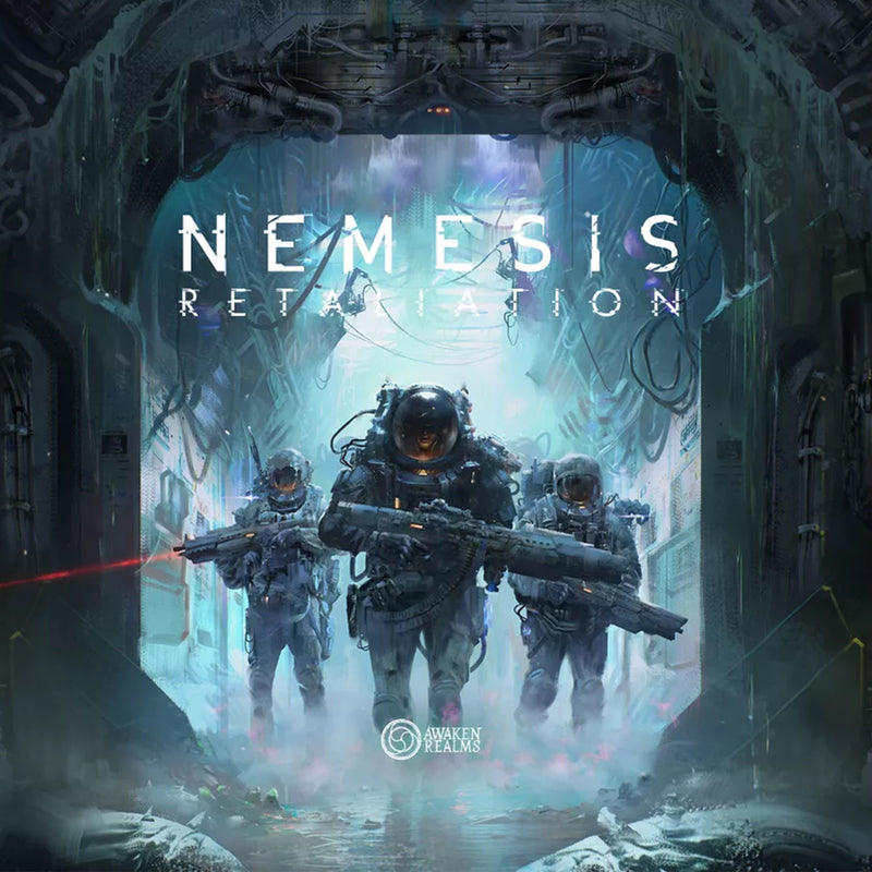 Load image into Gallery viewer, Nemesis Retaliation Core Box - Front of box featuring art of people in space suits on a space ship. 
