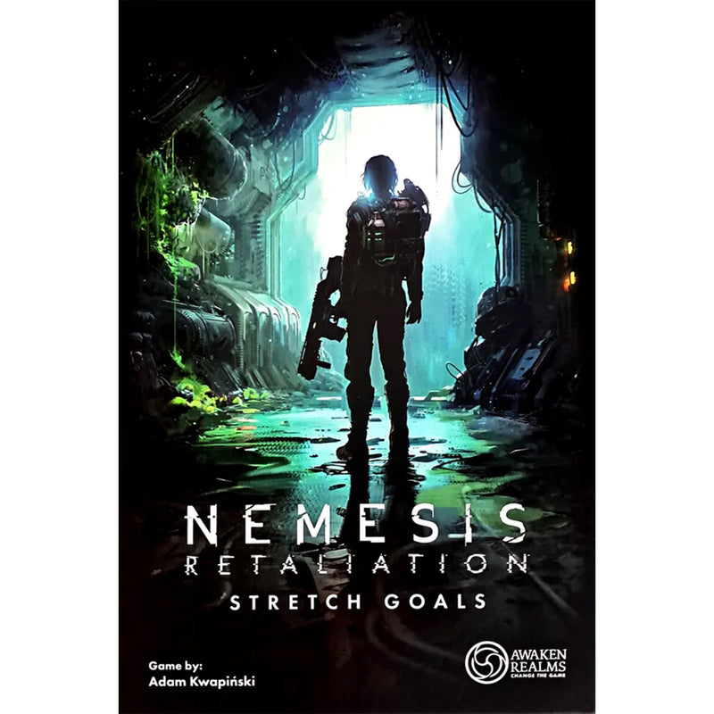 Load image into Gallery viewer, Nemesis Retaliation Stretch Goals Box - Front of box featuring art of a person in a space station. 
