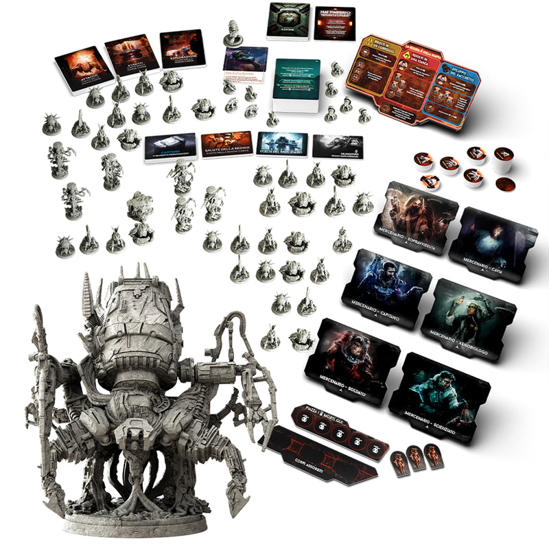 Load image into Gallery viewer, Nemesis Retaliation Stretch Goals Box - Sample game contents displayed including alien miniatures and character cards.
