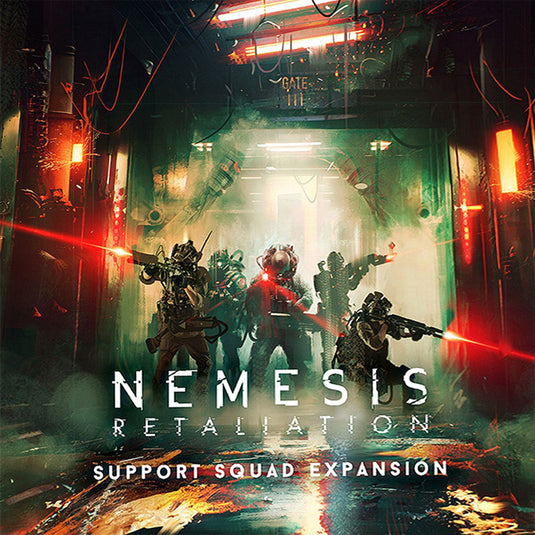 Nemesis Retaliation: Support Squad Expansion - Front of box featuring art of people in space suits in a damaged space ship. 