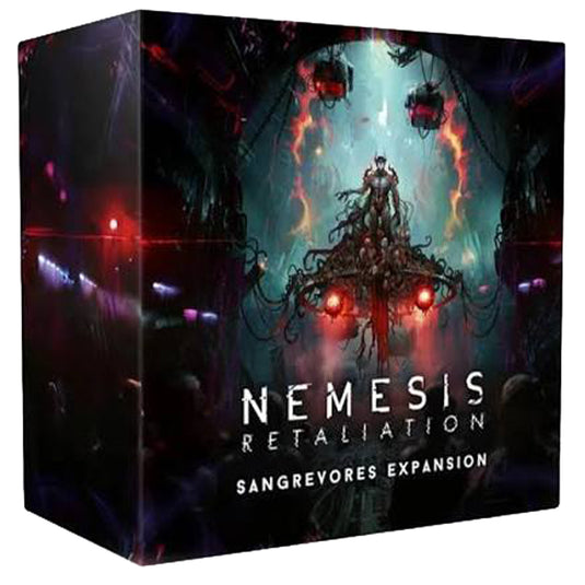 Nemesis Retaliation: The Sangrevores Expansion - Front of box featuring art of aliens inside a space ship. 