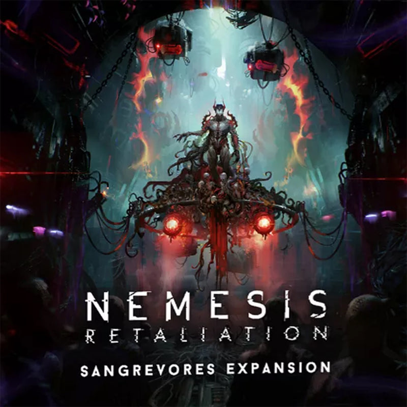 Load image into Gallery viewer, Nemesis Retaliation: The Sangrevores Expansion - Front of box featuring art of aliens inside a space ship. 
