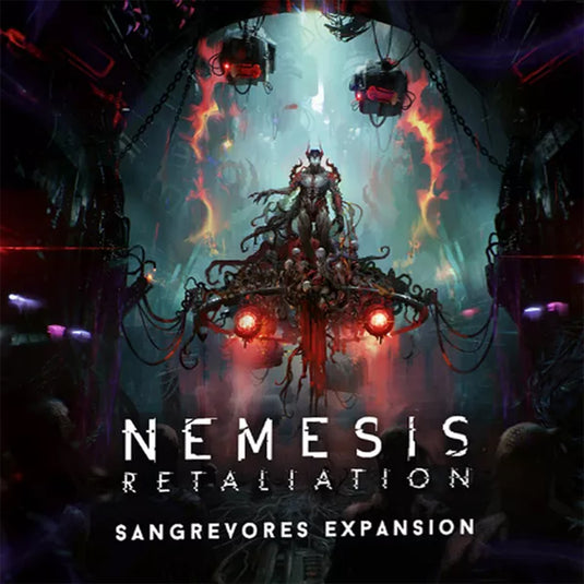 Nemesis Retaliation: The Sangrevores Expansion - Front of box featuring art of aliens inside a space ship. 
