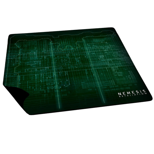 Nemesis Retaliation Playmat - Green game mat with blue prints design and Nemesis Retaliation branding in the corner. 