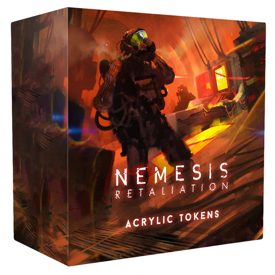 Nemesis Retaliations: Acrylic Tokens - Front of box featuring art of person in space suit standing in a damaged space ship. 