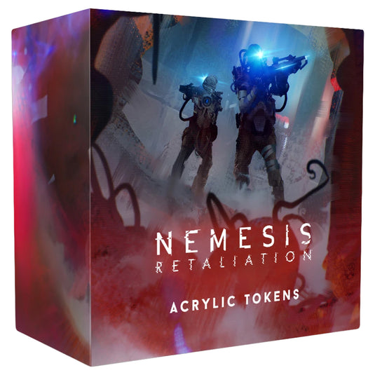 Nemesis Retaliation: Acrylic Tokens - Front of box featuring art of people in space suits in a dark sci-fi setting. 