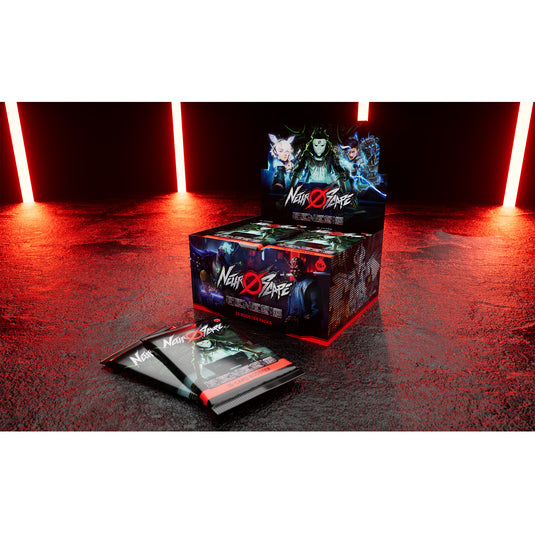 Neuroscape - Genesis Unlimited Booster Display - Front of booster display and two booster packs displayed featuring art of Neuroscape characters. 