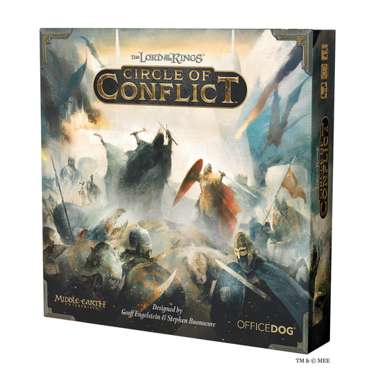 Image of board game box for 'The Lord of the Rings: Circle of Conflict' featuring illustrations of soldiers fighting