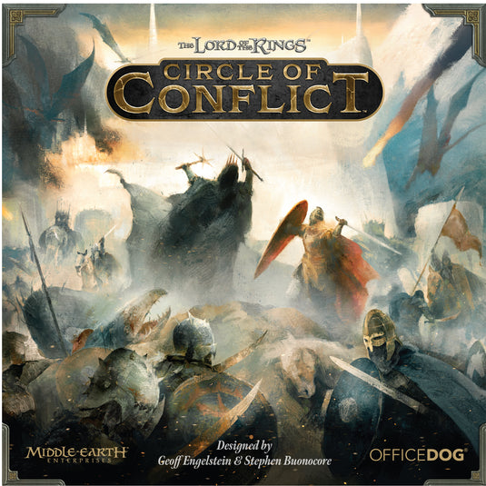 Image of board game box for 'The Lord of the Rings: Circle of Conflict' featuring illustrations of soldiers fighting