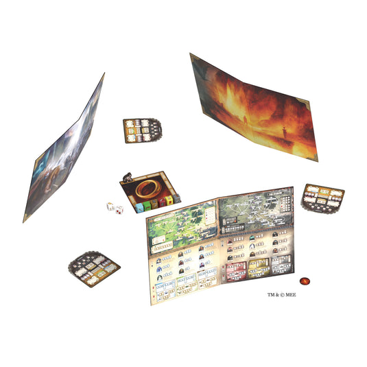 Image of 'The Lord of the Rings: Circle of Conflict' game components including player cards and game board
