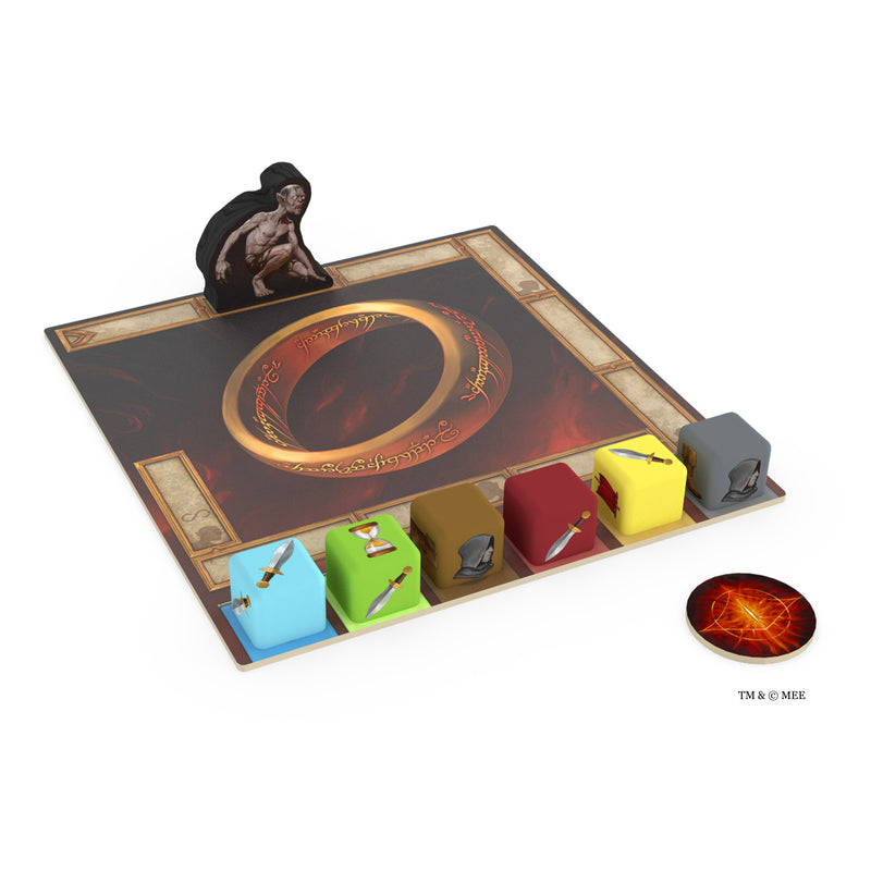Load image into Gallery viewer, Image of The Lord of the Rings: Circle of Conflict game components including game dice, board, and token of Gollum. 
