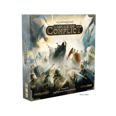 Image of board game box for 'The Lord of the Rings: Circle of Conflict' featuring illustrations of soldiers fighting