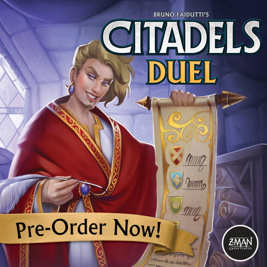 Citadels Duel promotion banner with art of character and text saying 'Pre-Order Now!' - Banner links to product page.