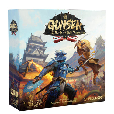 Gunsen: The Battle for Toshi Ranbo front of game box featuring art of two samurai fighting. 