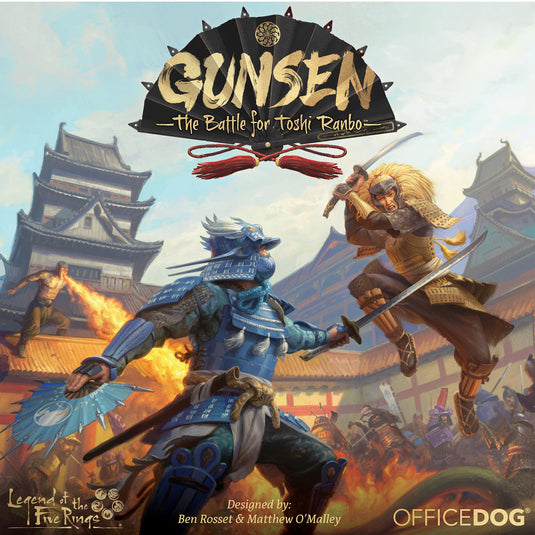 Gunsen: The Battle for Toshi Ranbo front of game box featuring art of two samurai fighting. 