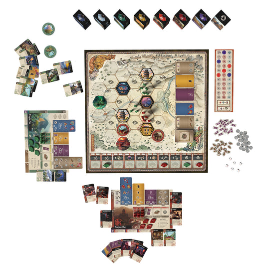 Gunsen: The Battle for Toshi Ranbo game board with game cards and game tokens.