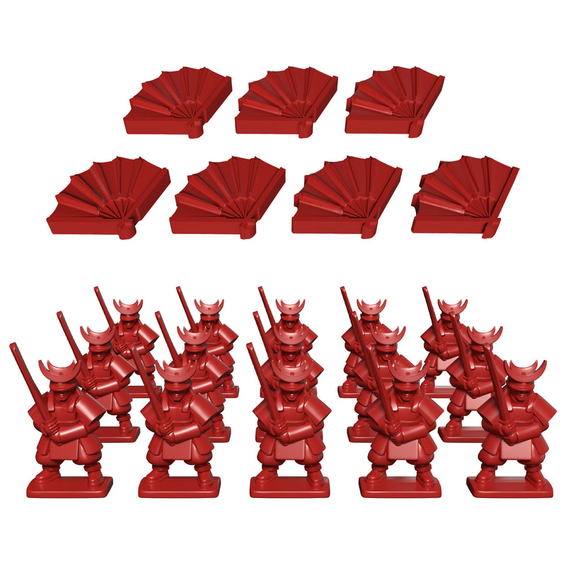 Load image into Gallery viewer, Gunsen: The Battle for Toshi Rondo board game figures including red soldiers and fans
