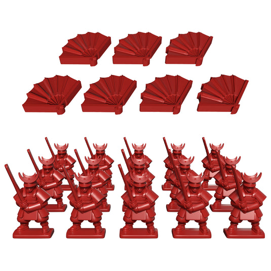 Gunsen: The Battle for Toshi Rondo board game figures including red soldiers and fans