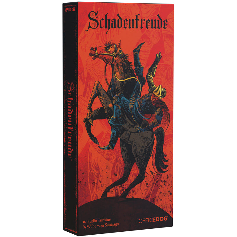 Load image into Gallery viewer, Schadenfreude Card Game - Front of box with illustration of a knight on a horse about to fall off. 
