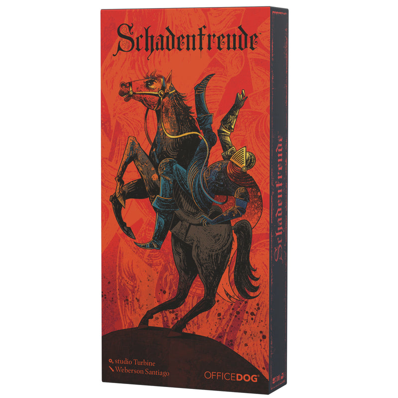 Load image into Gallery viewer, Schadenfreude Card Game - Front of box with illustration of a knight on a horse about to fall off. 
