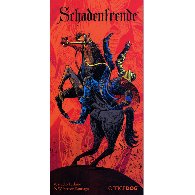 Load image into Gallery viewer, Schadenfreude Card Game - Front of box with illustration of a knight on a horse about to fall off. 
